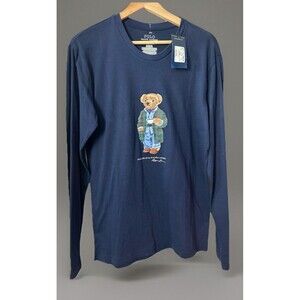 New Ralph Lauren Polo Bear Plaid Grandpa Coffee Long Sleeve Shirt Navy Size S